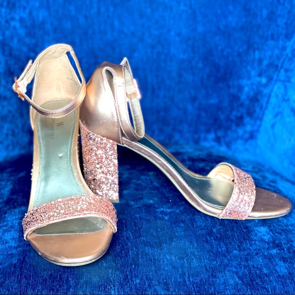 Sparkly Hot Pink Glitter Open Toe Ankle Strap Block Heels - Picture 3 of 9